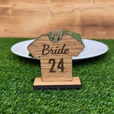 Personalised Football Shirt Place Names, Soccer Party Place Settings, Wooden Name Cards On Stand, Rustic Party Name Table Decorations